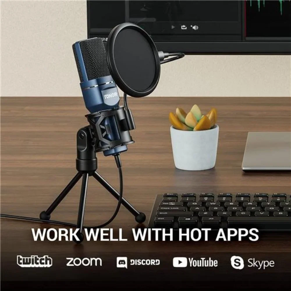 USB Microphone, Computer Cardioid Condenser PC Gaming Mic with Tripod Stand